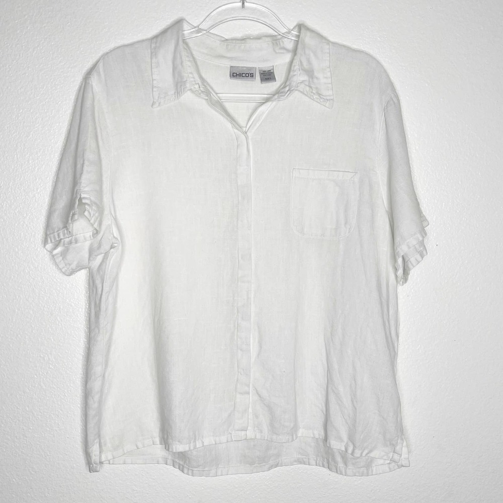 CHICO'S Linen Short Sleeve Button Front Shirt Womens - Picture 2 of 8
